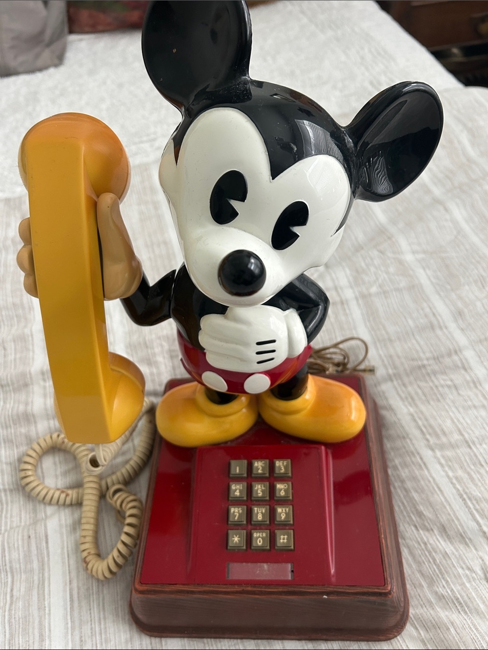 Retro 1980’s Mickey Mouse Character Table Phone with Yellow Handset. Touch tone.